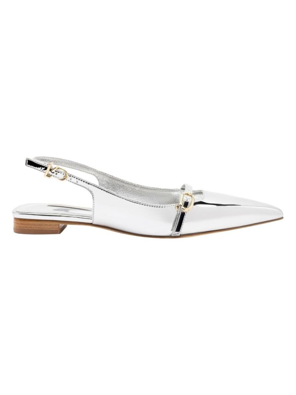 $360 LARROUDE Ines FLAT SLIDE SLINGBACK POINTED BUCKLE LEATHER SILVER 6 (DD18)